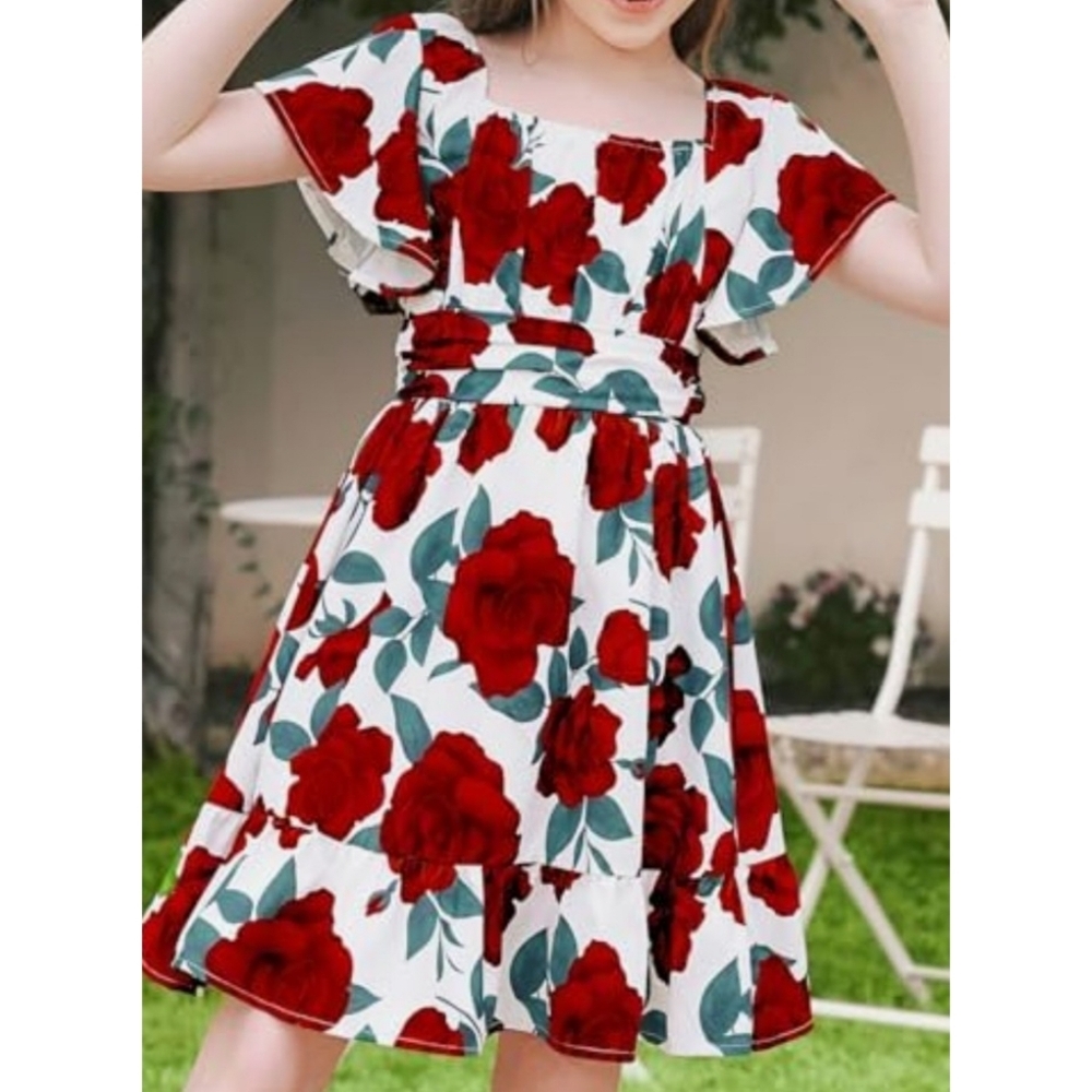 Floral Tie back Flutter sleeve dress White Size L